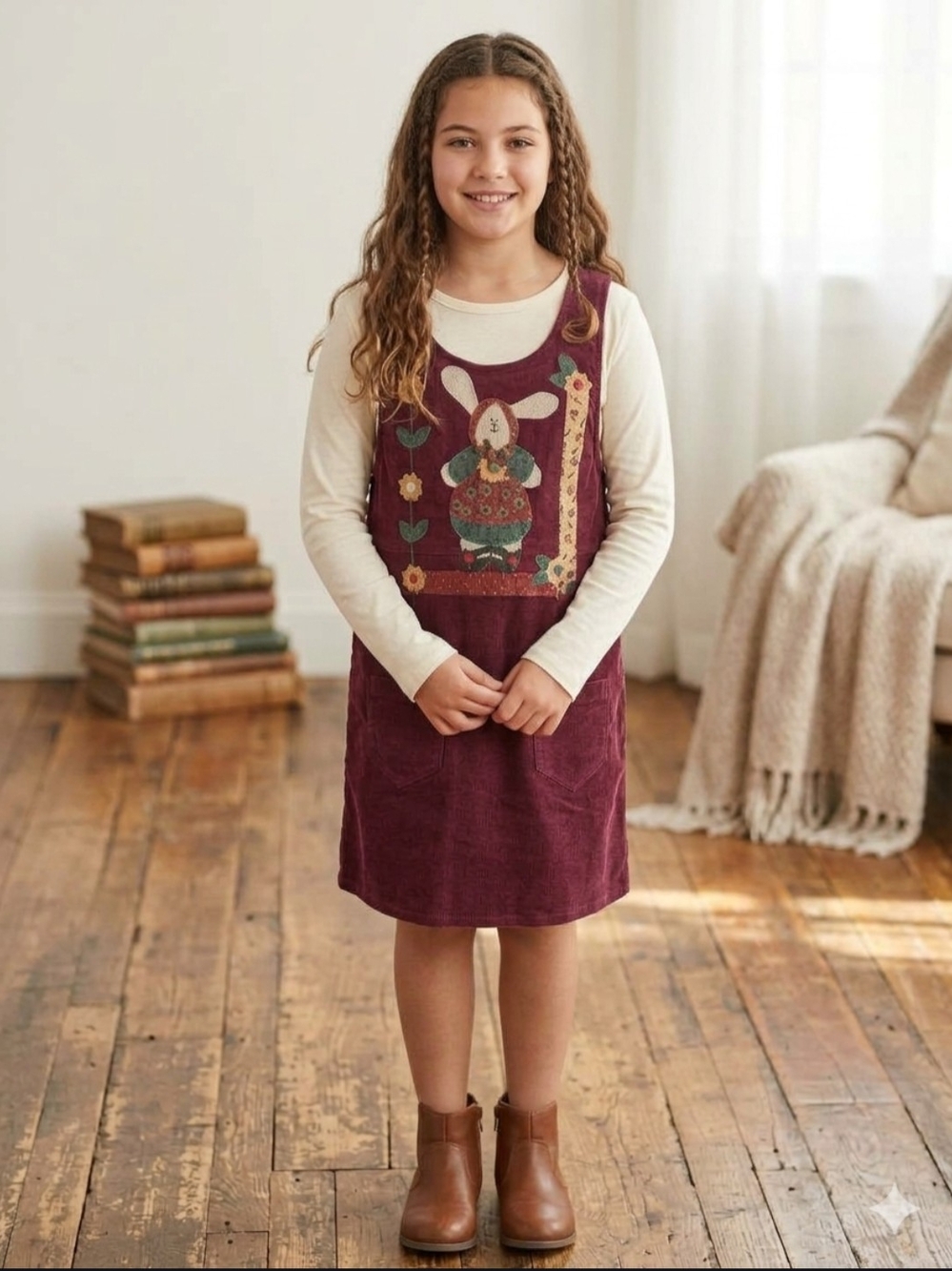 Vtg 90s Corduroy Bunny Jumper Dress Girls Youth XL Maroon Embellished Pinafore